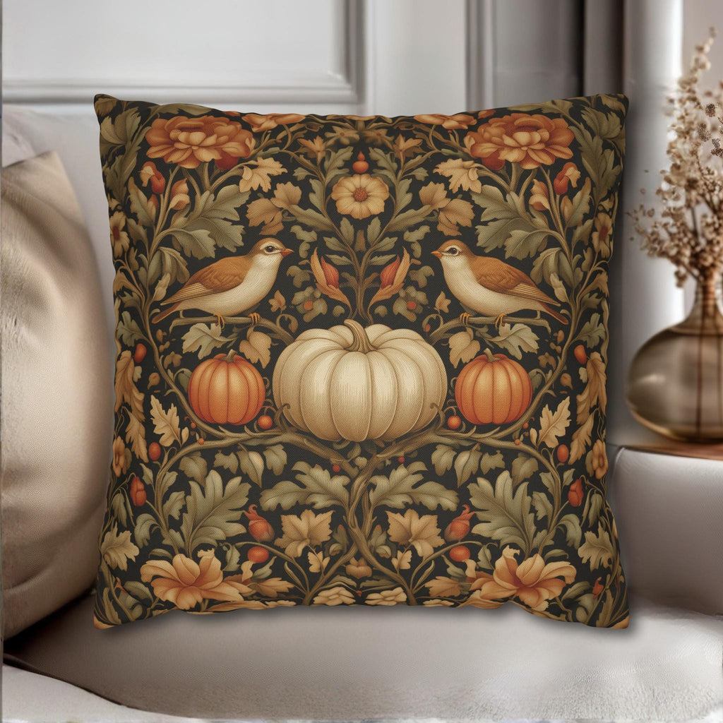 Pumpkin Thief Pillow Cover: William Morris Inspired Autumn Botanical Birds