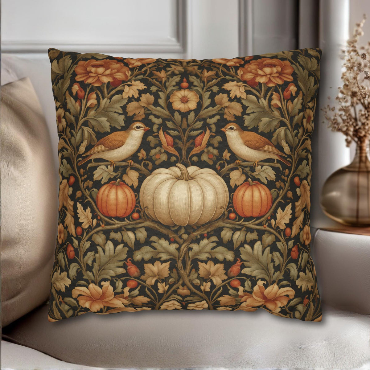 Pumpkin Thief Pillow Cover: William Morris Inspired Autumn Botanical Birds