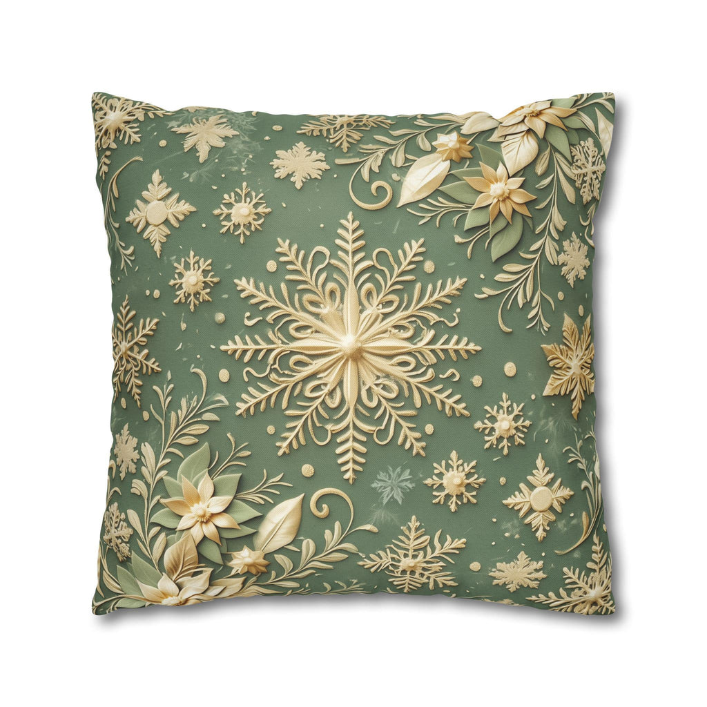 Snowflake Minty Green Square Pillowcase, Elegant Gold and Green Throw Pillow Cover