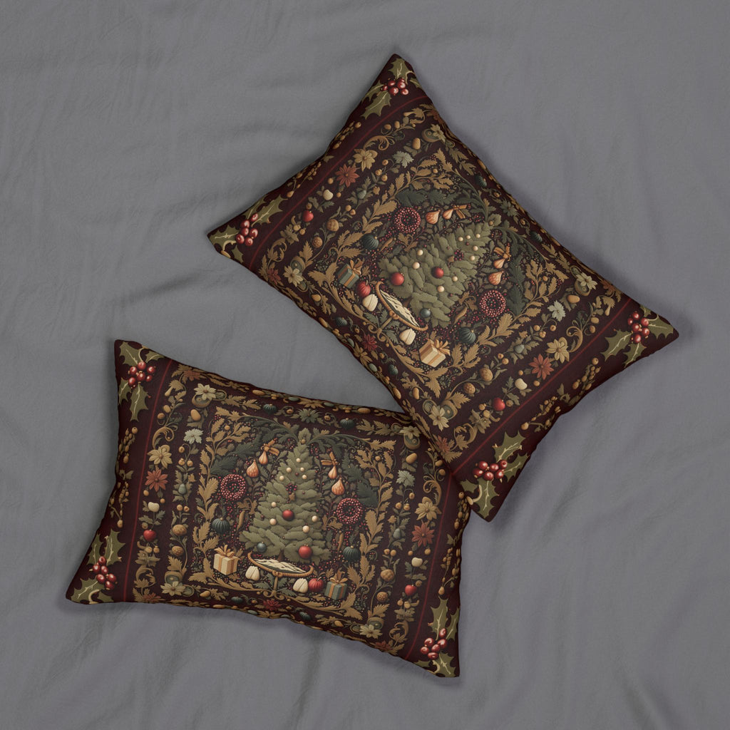 William Morris Christmas Tree Lumbar Pillow: Burgundy Holiday Tapestry Look
