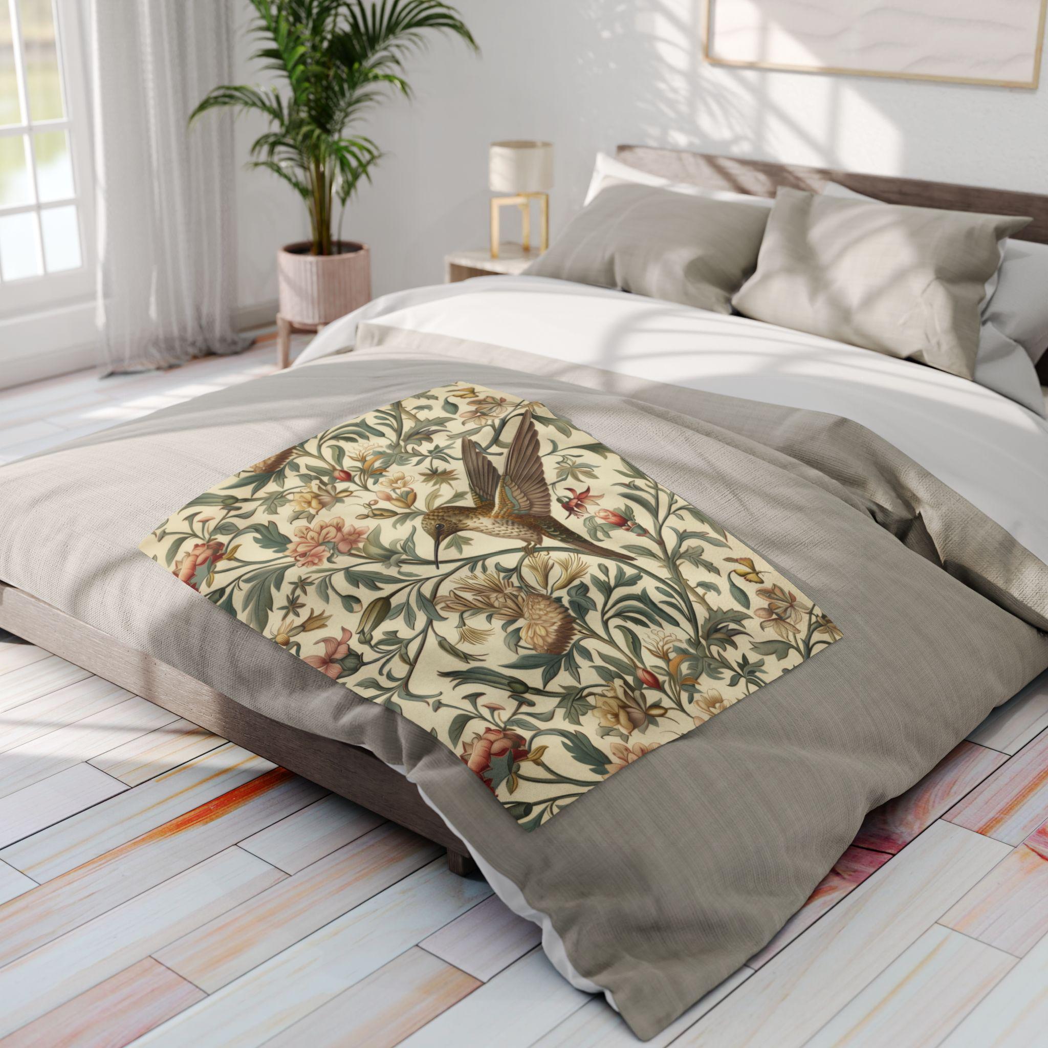 William Morris Hummingbird Throw Blanket: Vintage Style Floral Cottage Decor