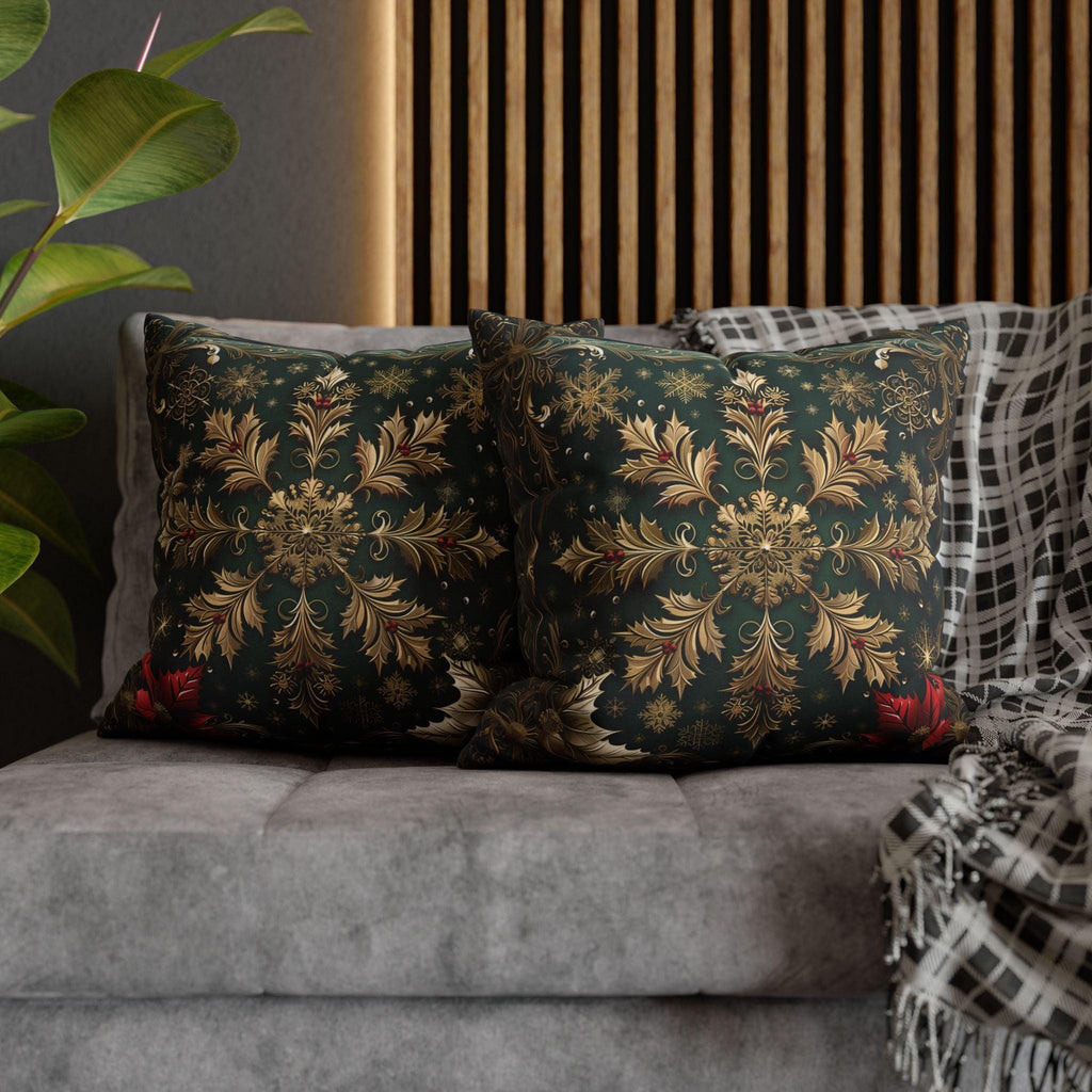 Gold Snowflake Poinsettia Pillow Cover, Emerald Green Holiday Decor