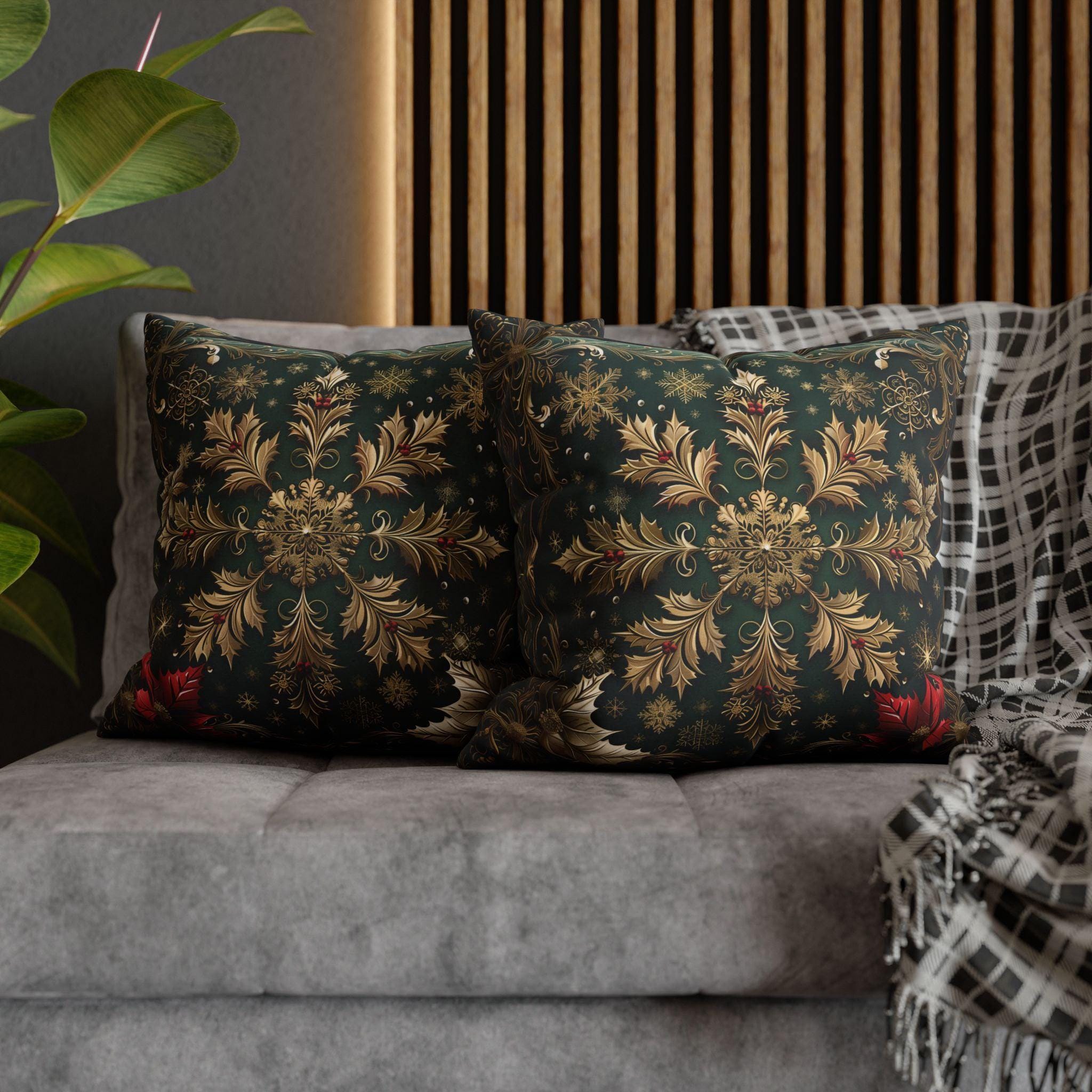 Gold Snowflake Poinsettia Pillow Cover, Emerald Green Holiday Decor