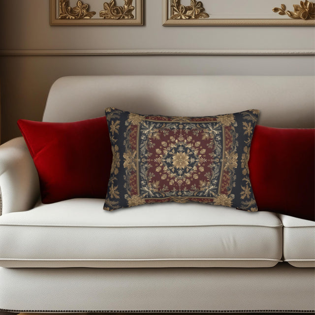 Vintage Inspired Lumbar Pillow: Gold Floral Burgundy and Navy Holiday Decor