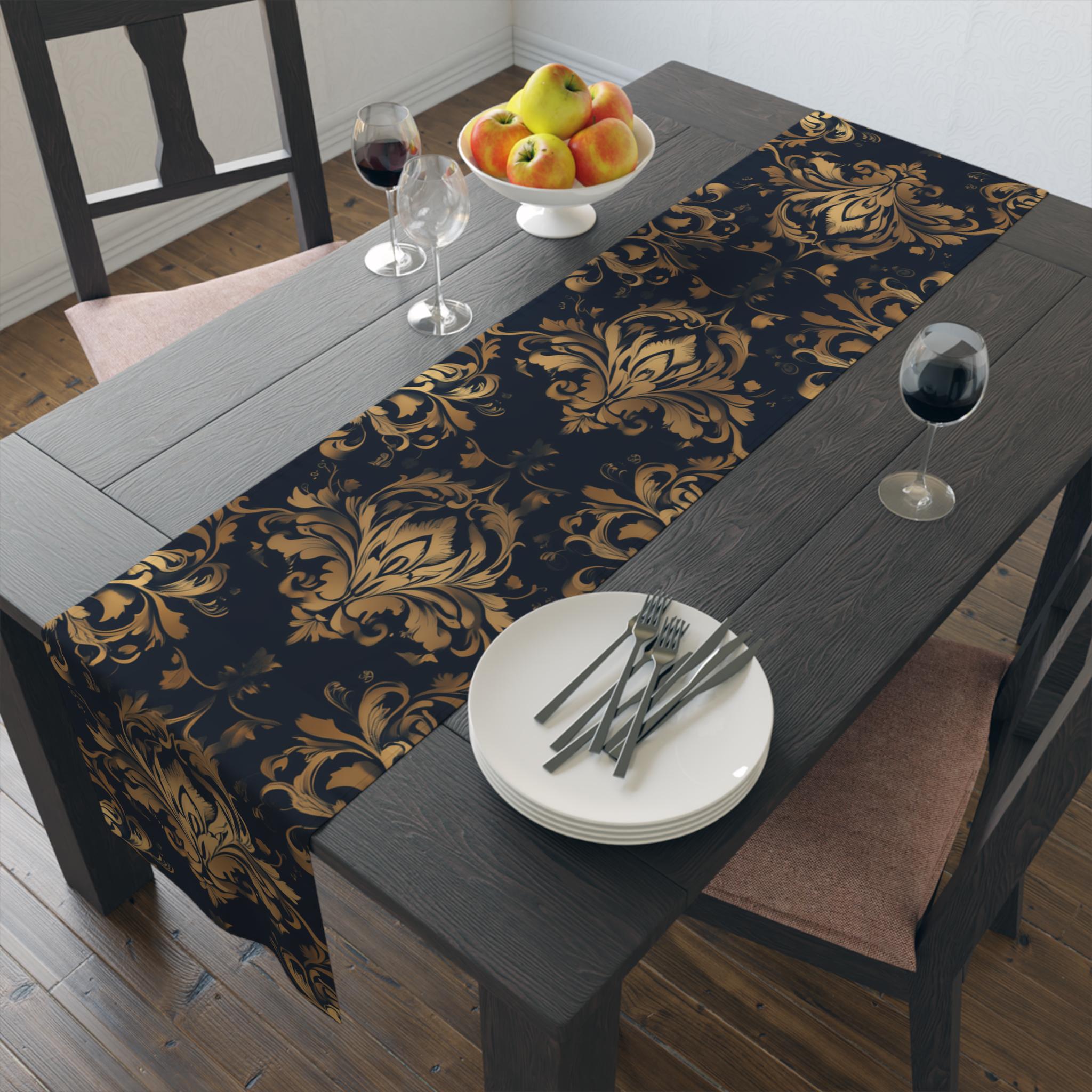 Navy and Gold Damask Table Runner: Elegant Medallion Print Dining Decor
