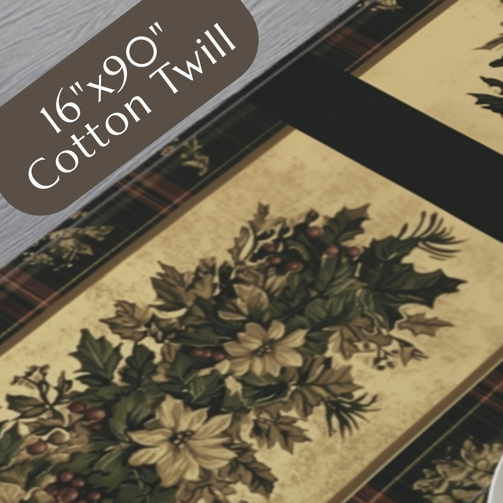 Plaid Botanical Stripes Christmas Table Runner: Vintage Style with Poinsettias and Holly