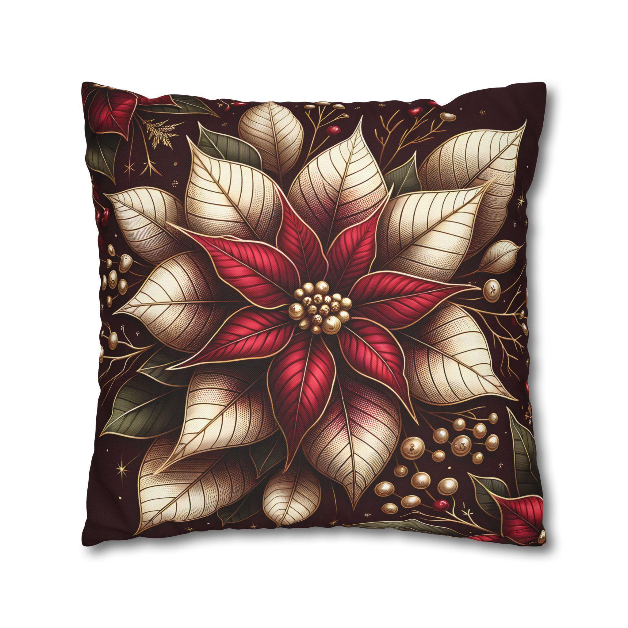 Luxurious Burgundy Poinsettia & Mistletoe Christmas Pillow Cover: Elegant Holiday Decor for Sofa
