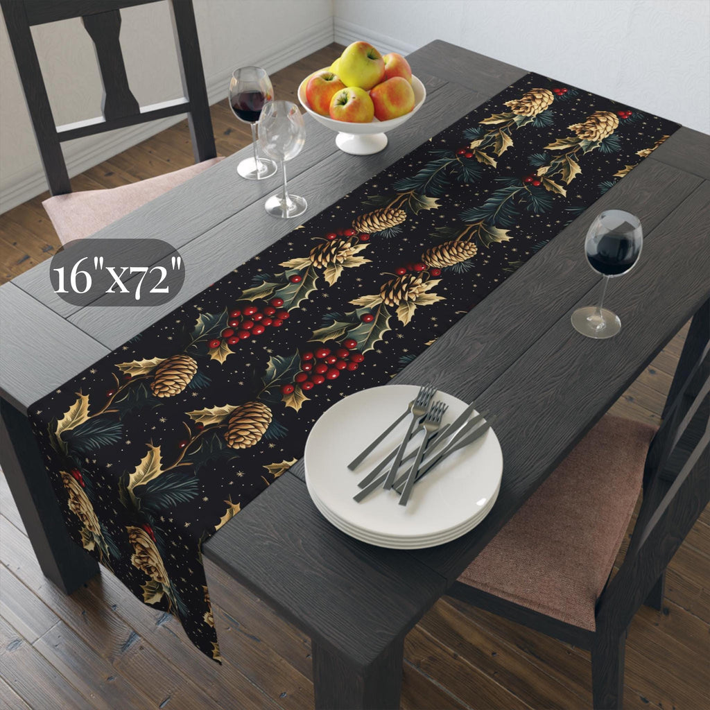 Pinecone & Holly Table Runner: William Morris Inspired Gold and Red Holiday Decor