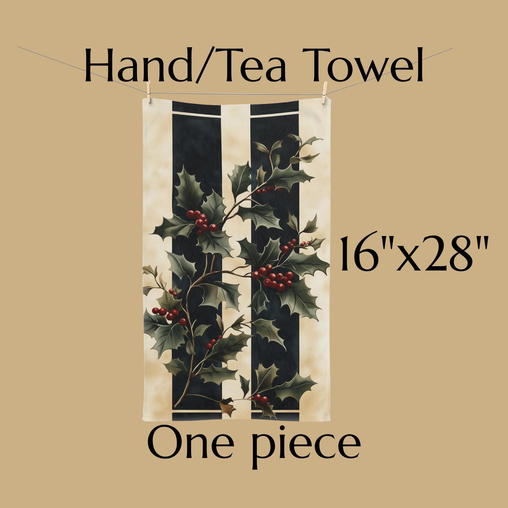 Holly & Stripes Christmas Tea Towel, Elegant Green Red Kitchen Decor