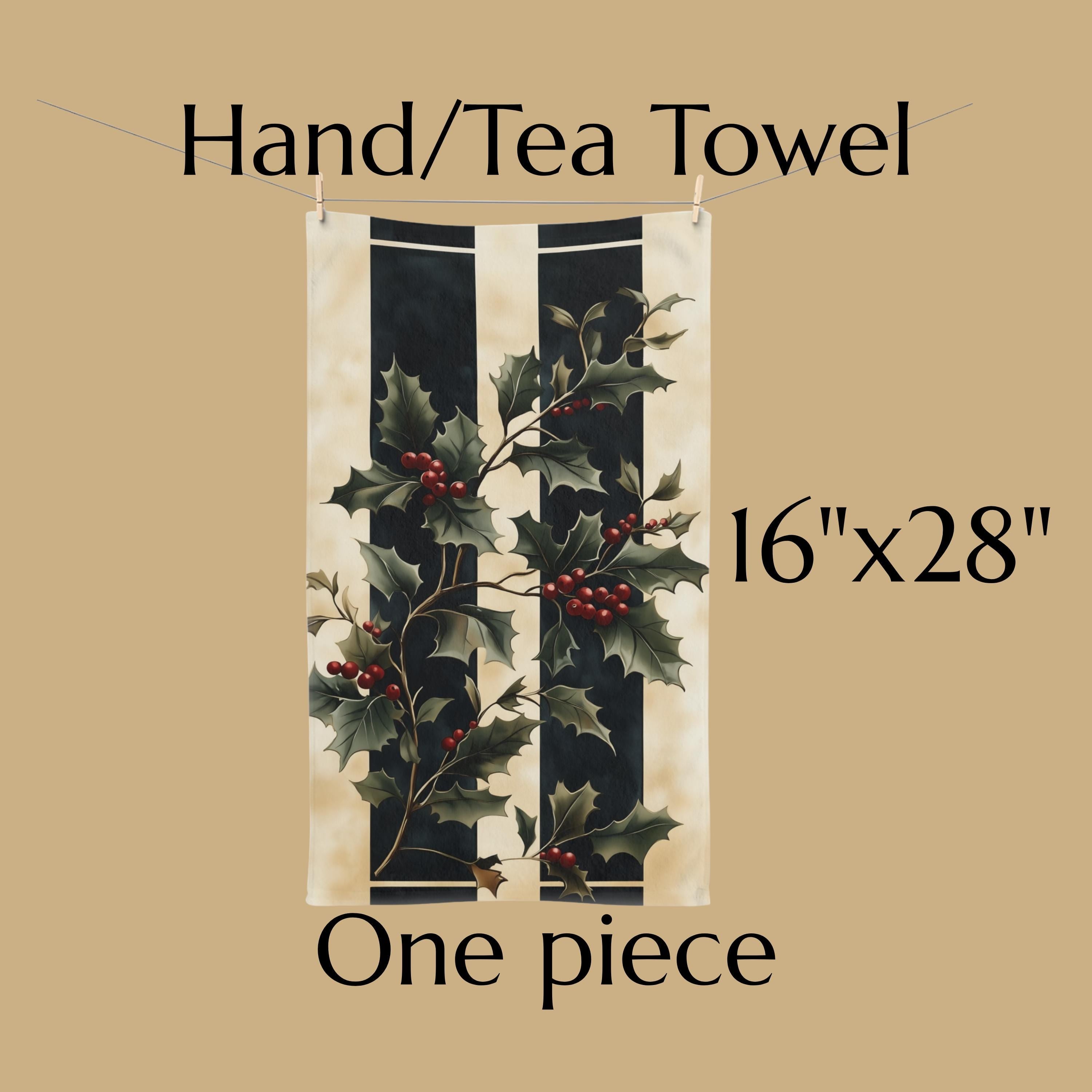 Holly & Stripes Christmas Tea Towel, Elegant Green Red Kitchen Decor