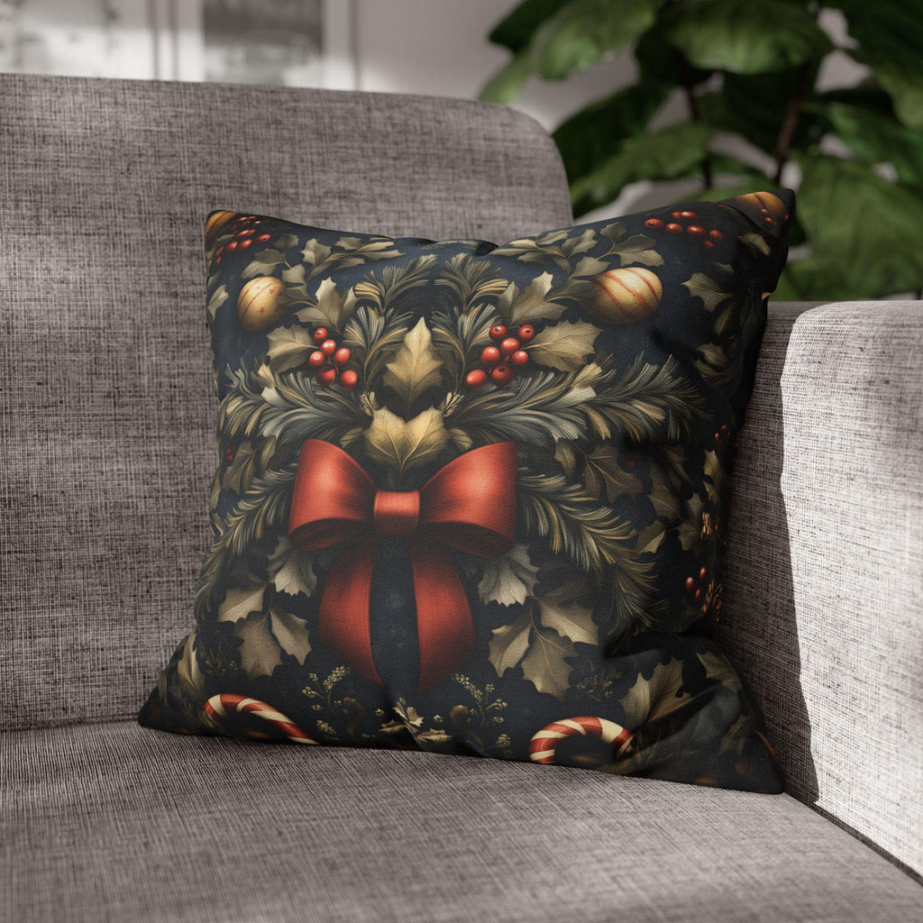 Midnight Holiday Pillow Cover: Morris-Style Christmas Theme in Navy, Gold & Red