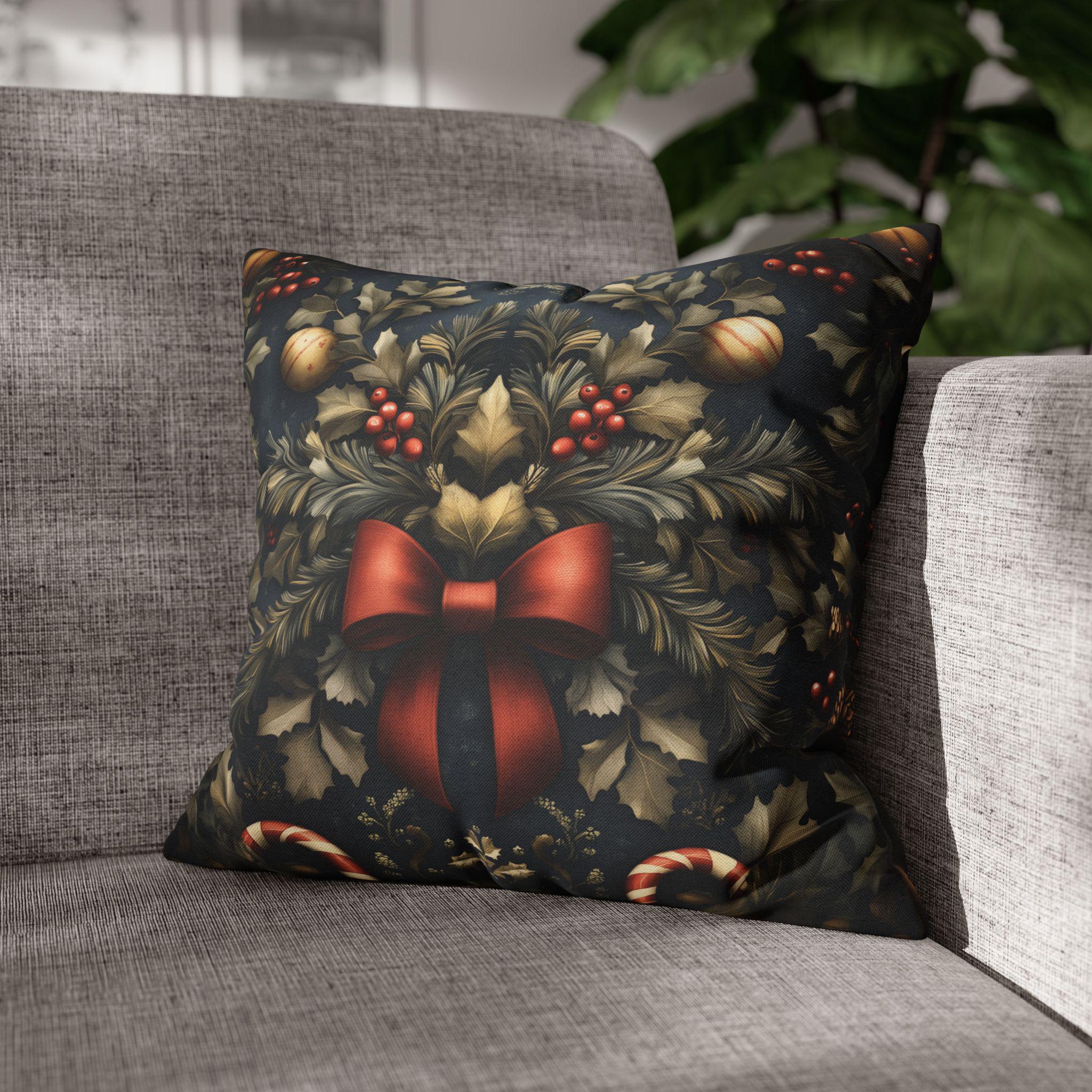 Midnight Holiday Pillow Cover: Morris-Style Christmas Theme in Navy, Gold & Red