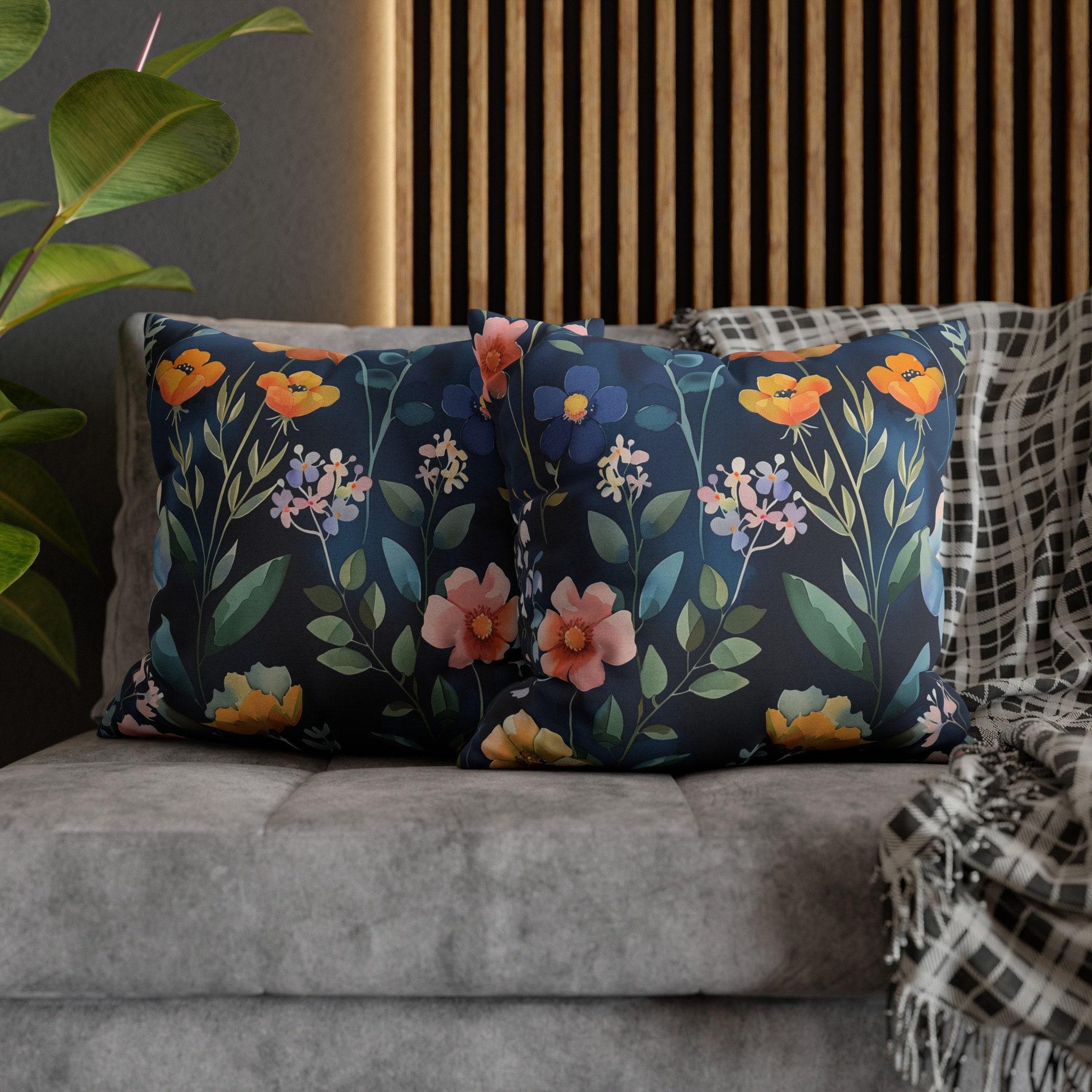 Botanical Pillow Cover: Navy Floral Cushion, Cottagecore Decor