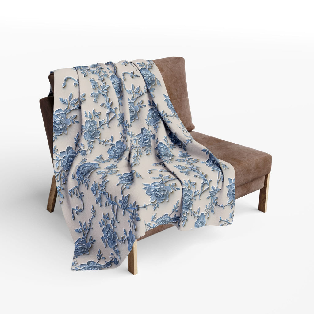 Blue Floral Chinoiserie Fleece Throw Blanket: Elegant Home Decor