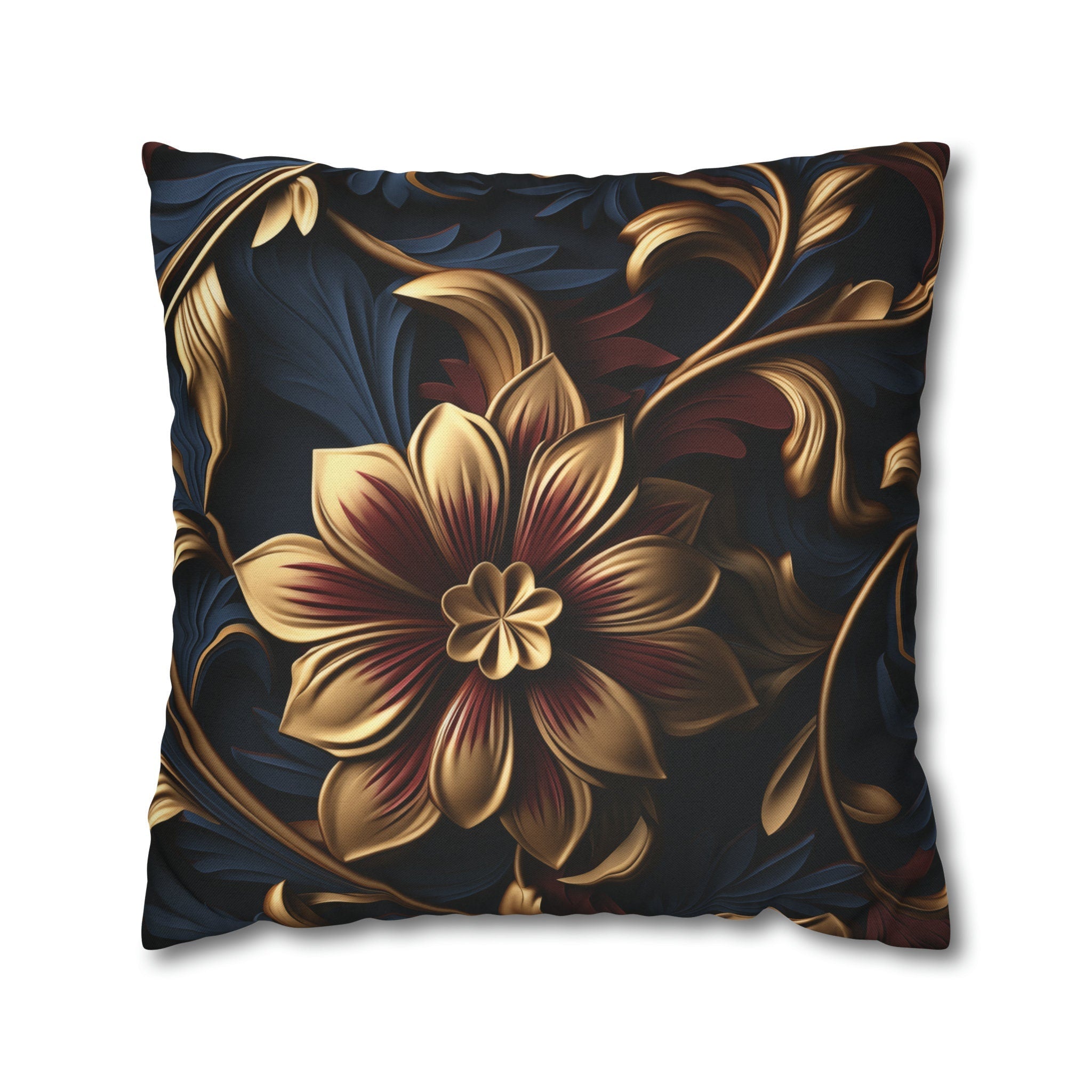 Luxurious Baroque Floral Pillow Cover: Burgundy & Gold on Navy Background, Ornate Design