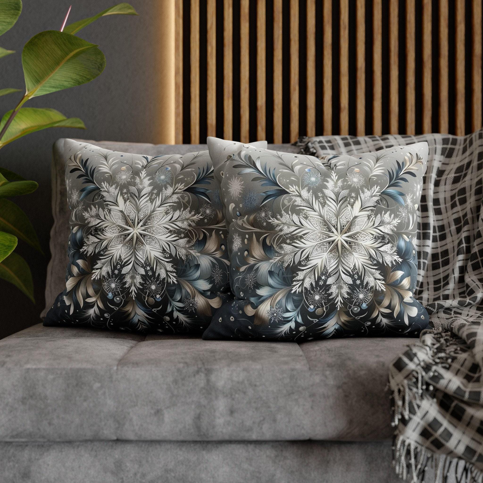 Elegant Snowflakes Throw Pillow Cover | Serene Silver & Blue Design | Sophisticated Holiday Charm