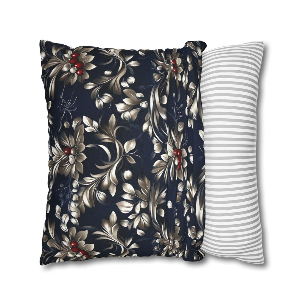 Navy Blue Holly Pillow Cover, Silver Leaf, Red Berry Christmas Decor