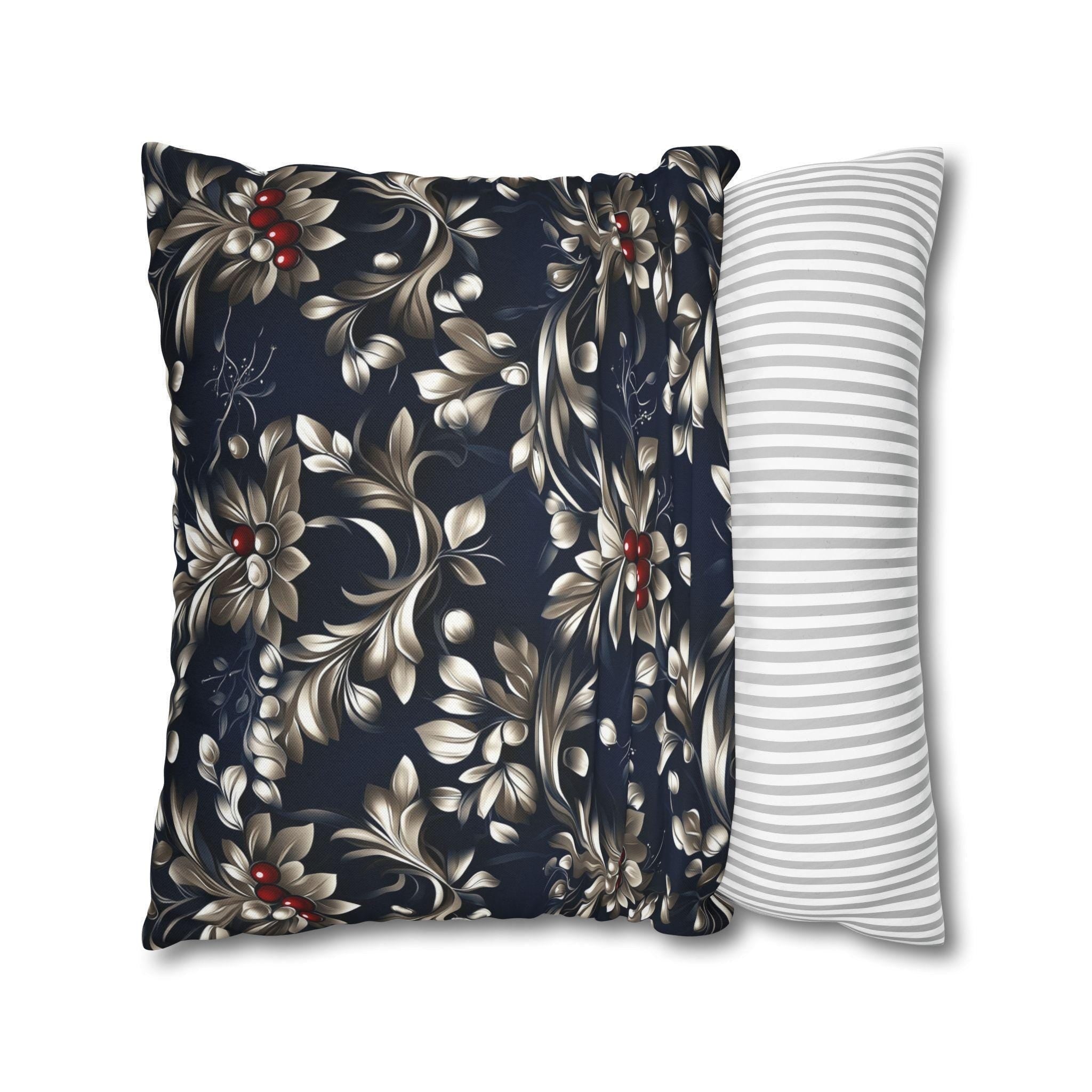 Navy Blue Holly Pillow Cover, Silver Leaf, Red Berry Christmas Decor