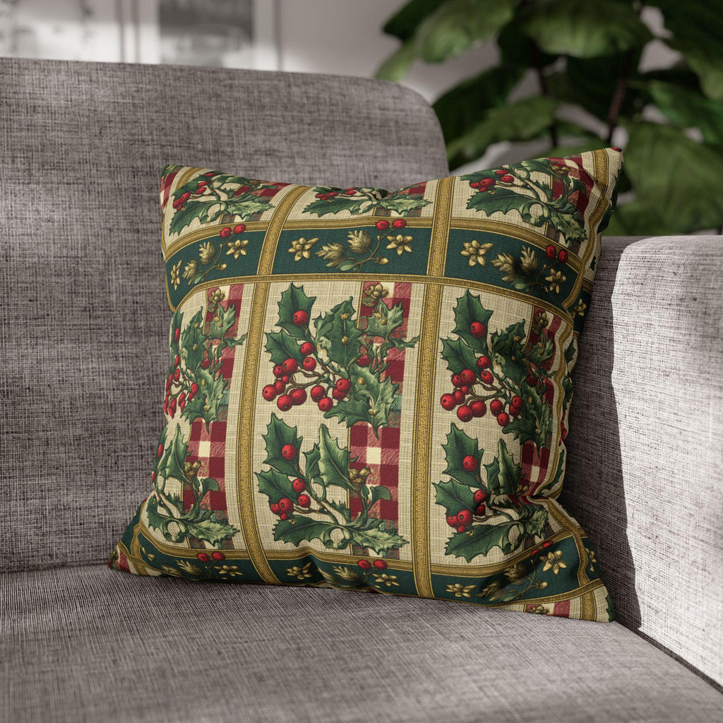 Gingham & Holly Christmas Pillow Cover:  Classic Vintage Holiday Style with Stripes