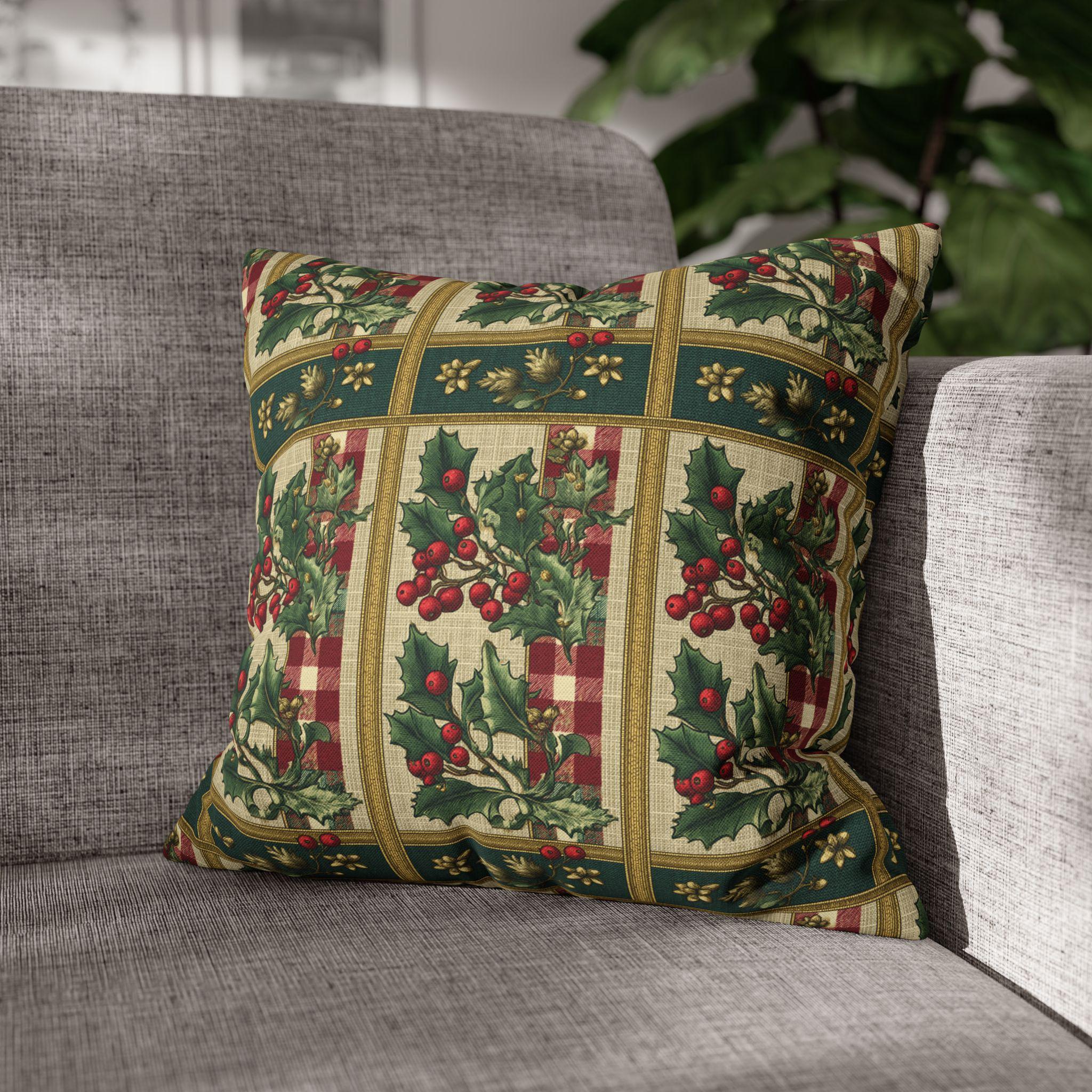 Gingham & Holly Christmas Pillow Cover:  Classic Vintage Holiday Style with Stripes