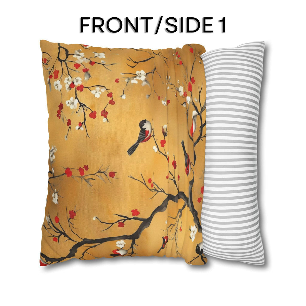 Chinoiserie Pillow Cover: Gold, Red Blossoms & Birds - Asian Decor