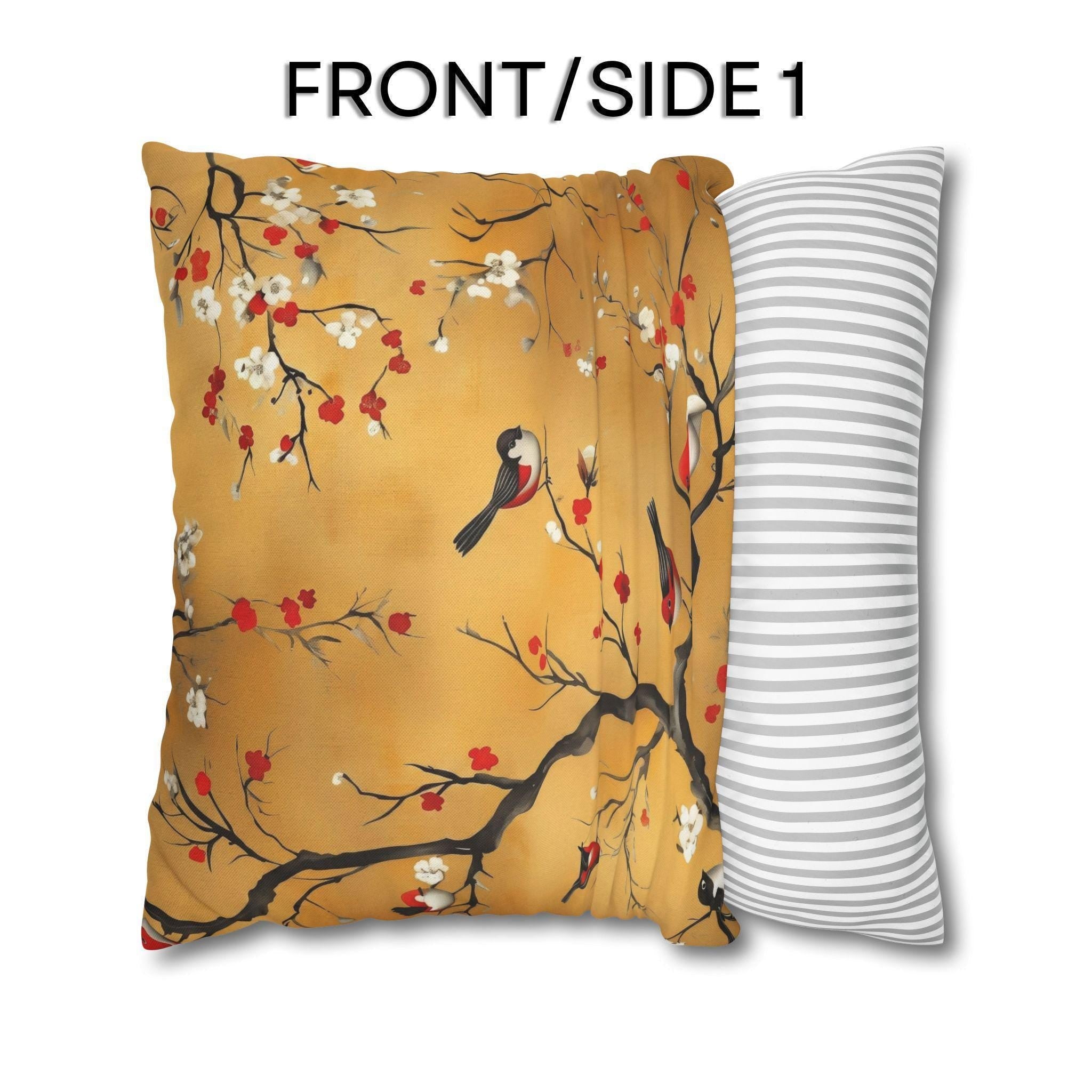 Chinoiserie Pillow Cover: Gold, Red Blossoms & Birds - Asian Decor