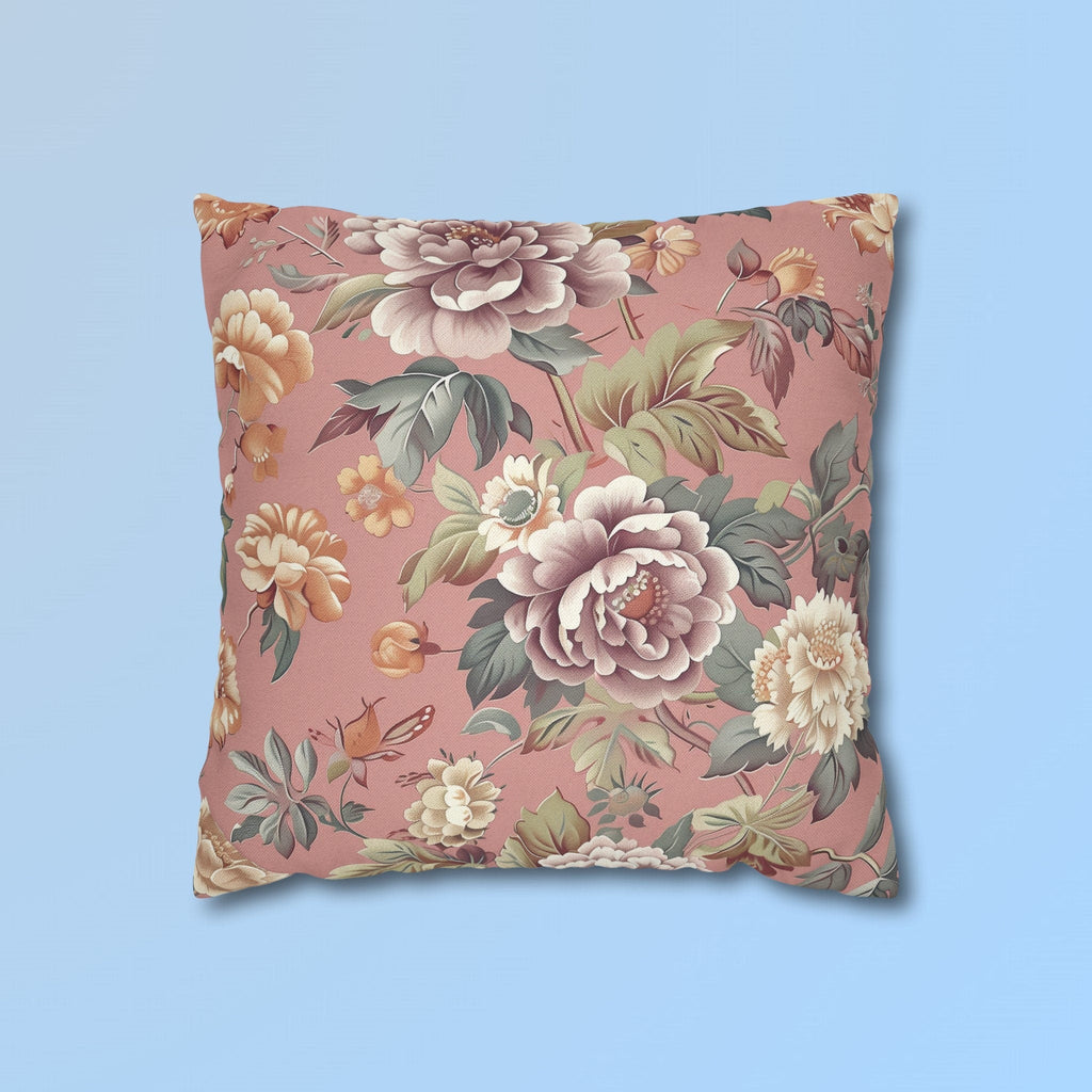 Rococo-Inspired Floral Pillow Cover: Dusty Pink Elegance with Mauve, Cream, Peach & Green Blooms