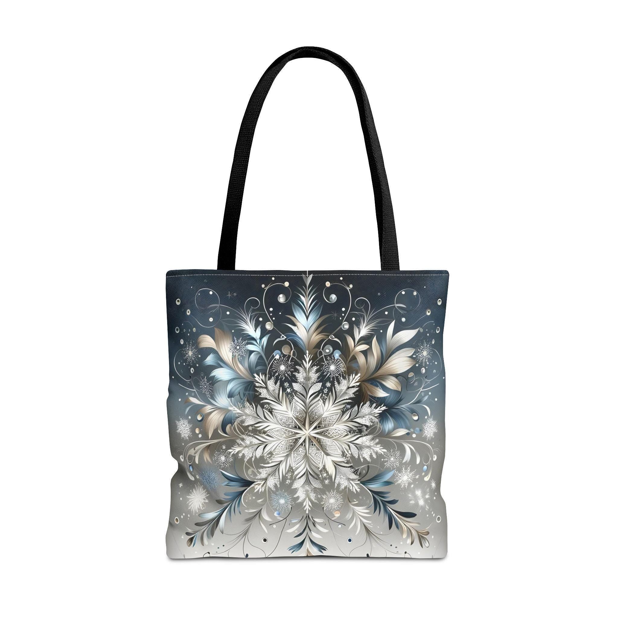 Elegant Snowflake Tote Bag, Silver & Blue Polyester Canvas
