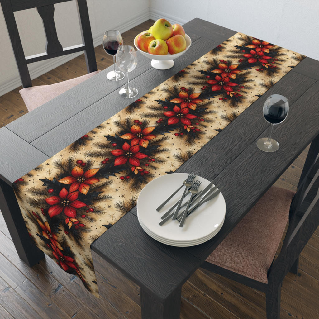 Christmas Poinsettia Table Runner Traditional Red and Green Holiday Festive Home Dining Table Decor