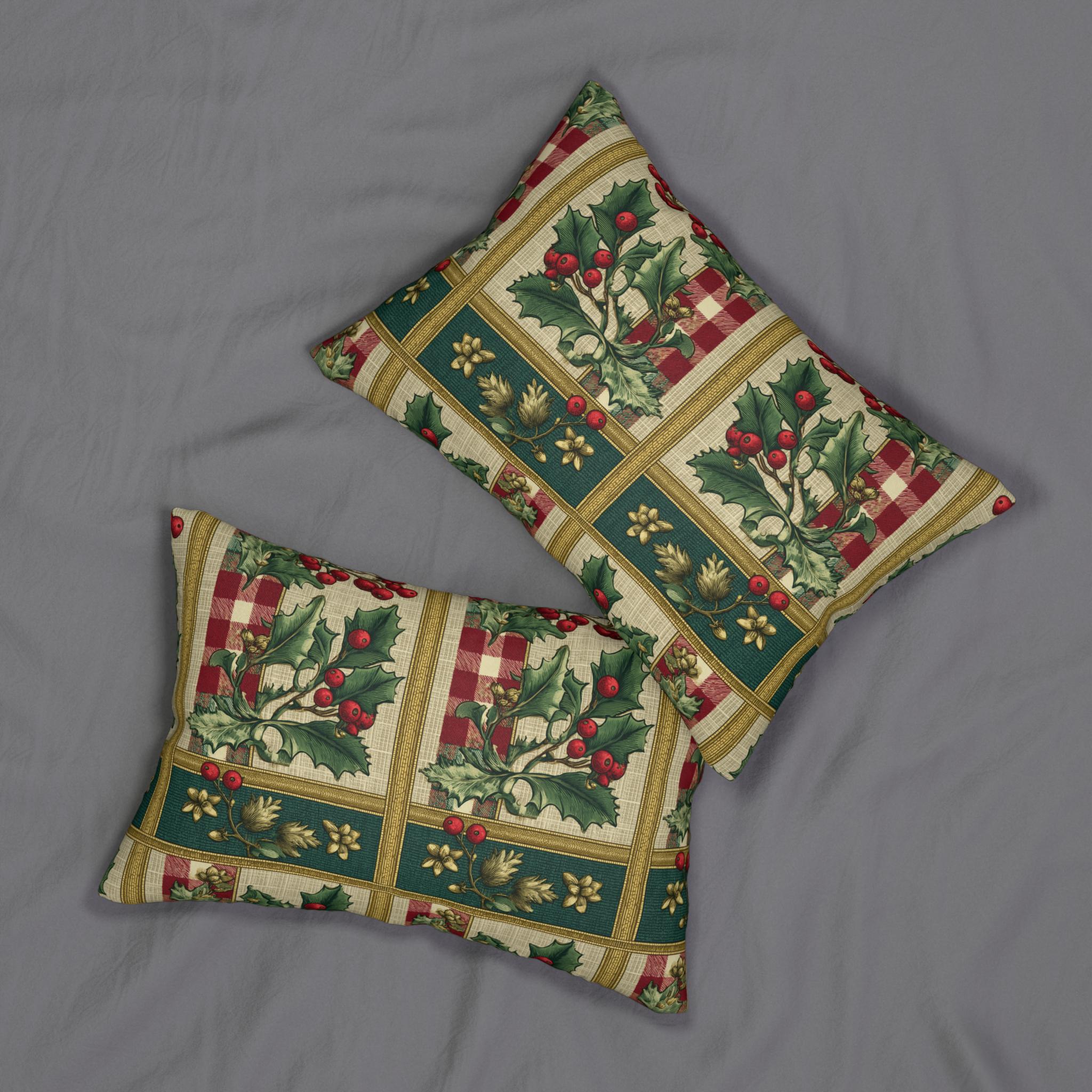 Gingham & Holly Christmas Lumbar Pillow:  Classic Vintage Holiday Style with Stripes