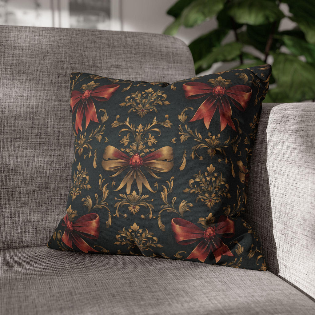 Baroque Christmas Pillow Cover: Green Charcoal Red Gold Bows