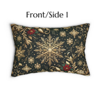 A decorative pillow with a black background and gold floral and snowflake patterns.