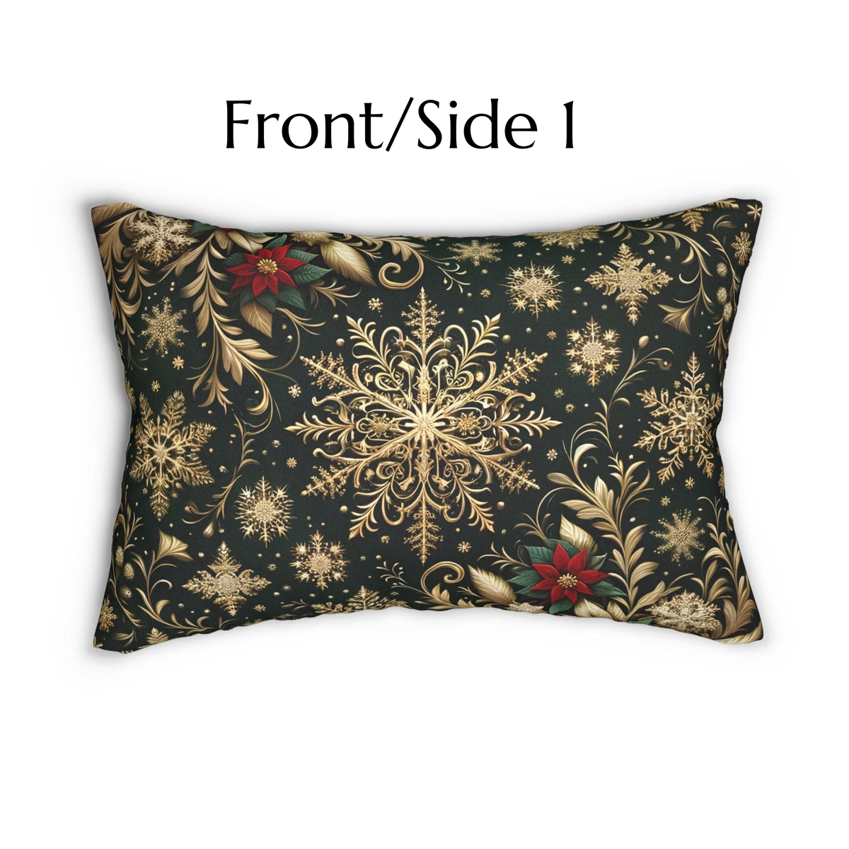 A decorative pillow with a black background and gold floral and snowflake patterns.