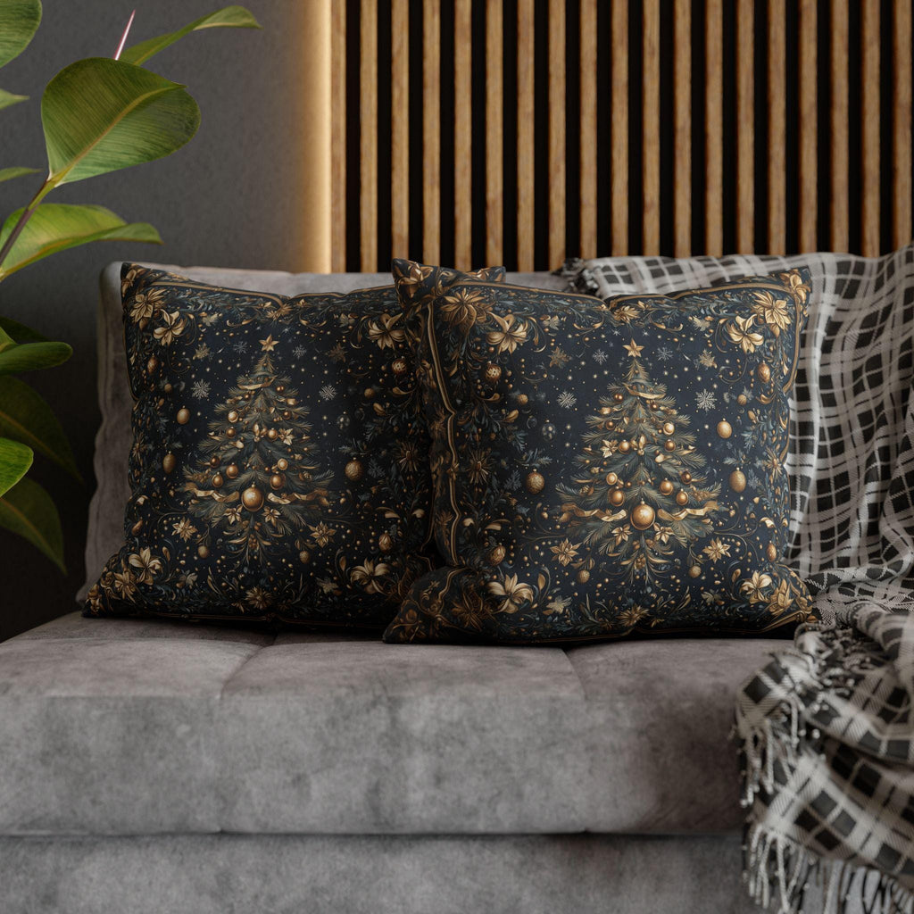 William Morris Inspired Christmas Tree Pillow Cover:  Midnight Blue with Vintage Style Florals