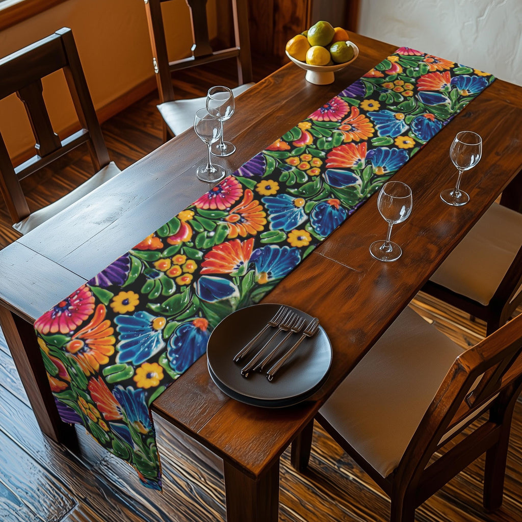 Mexican Table Runner: Bright Floral Folk Art on Black Background