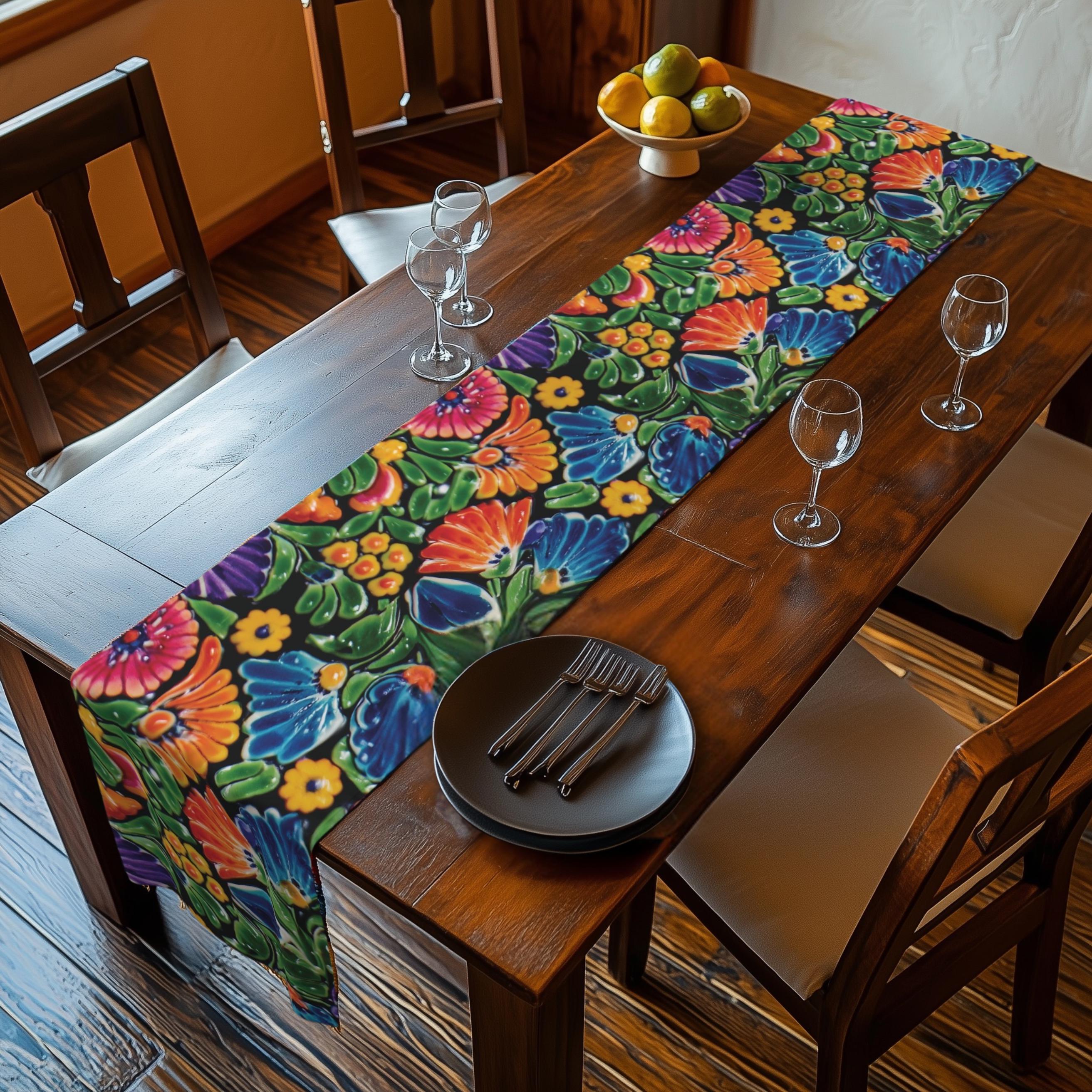 Mexican Table Runner: Bright Floral Folk Art on Black Background