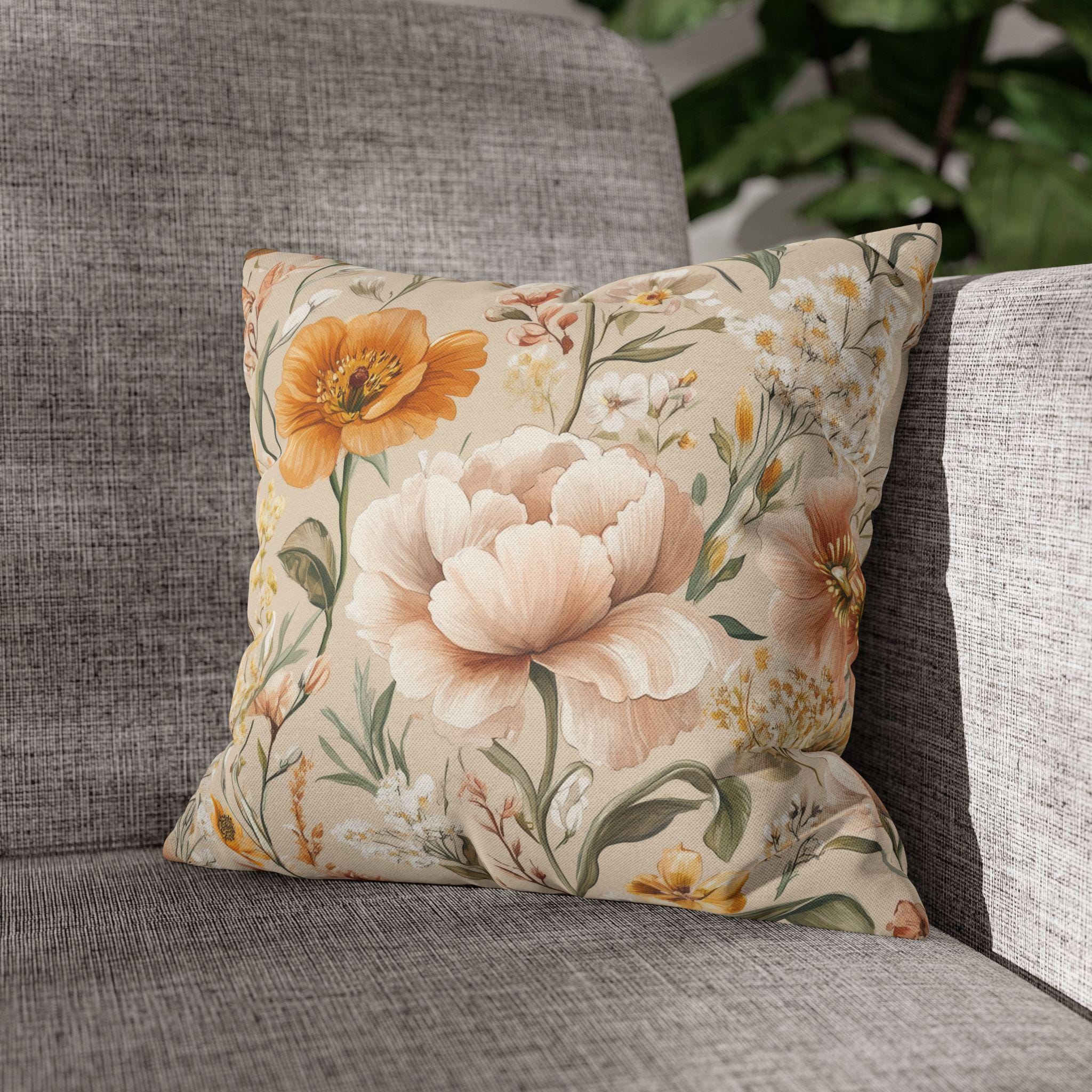 Botanical Pillow Cover: Apricot, Honey, Sage on Warm Neutral Background