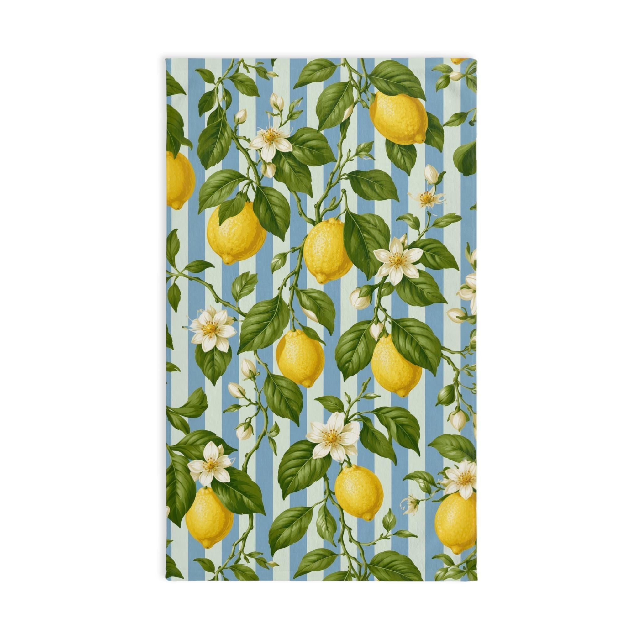 Lemon Soft Blue Stripe Hand Towel: with Green Leaves and White Florals