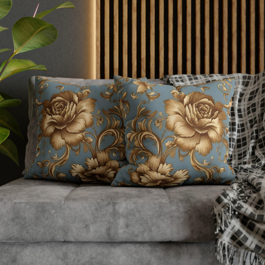 Floral Pillow Cover: Golden Roses on Blue - Soft Durable Fabric