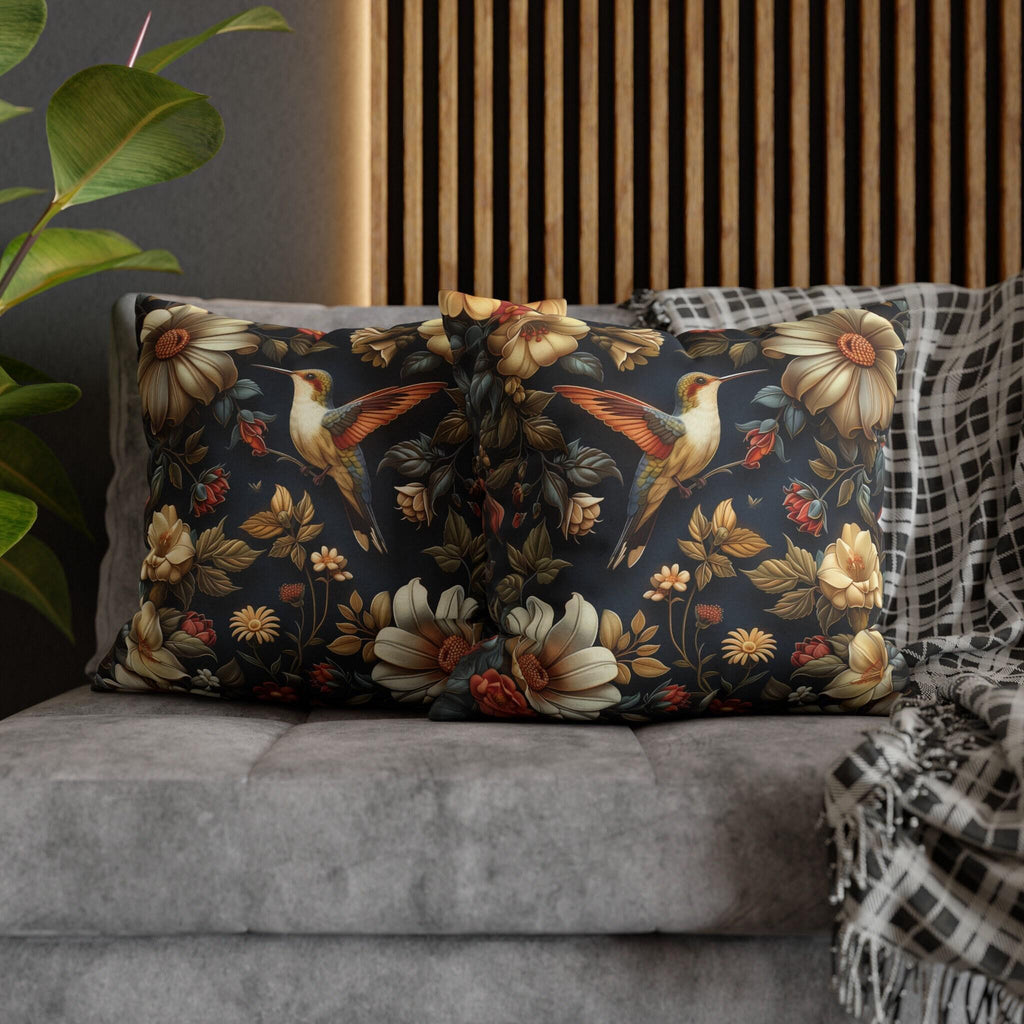 Elegant William Morris Inspired Hummingbird Floral Pillow Cover - Navy Background Art Lover Gift