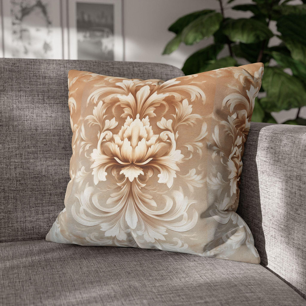 Luxurious Damask Floral Pillowcase: Ivory-Caramel Gradient Scrollwork Design, Elegant Soft Decor Accent