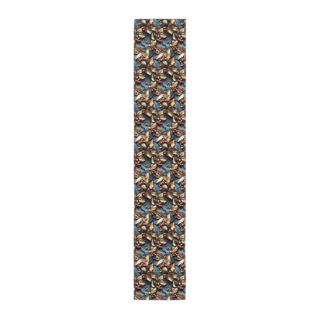 Christmas Holly Table Runner, Teal Red Berry Gold Leaf Design