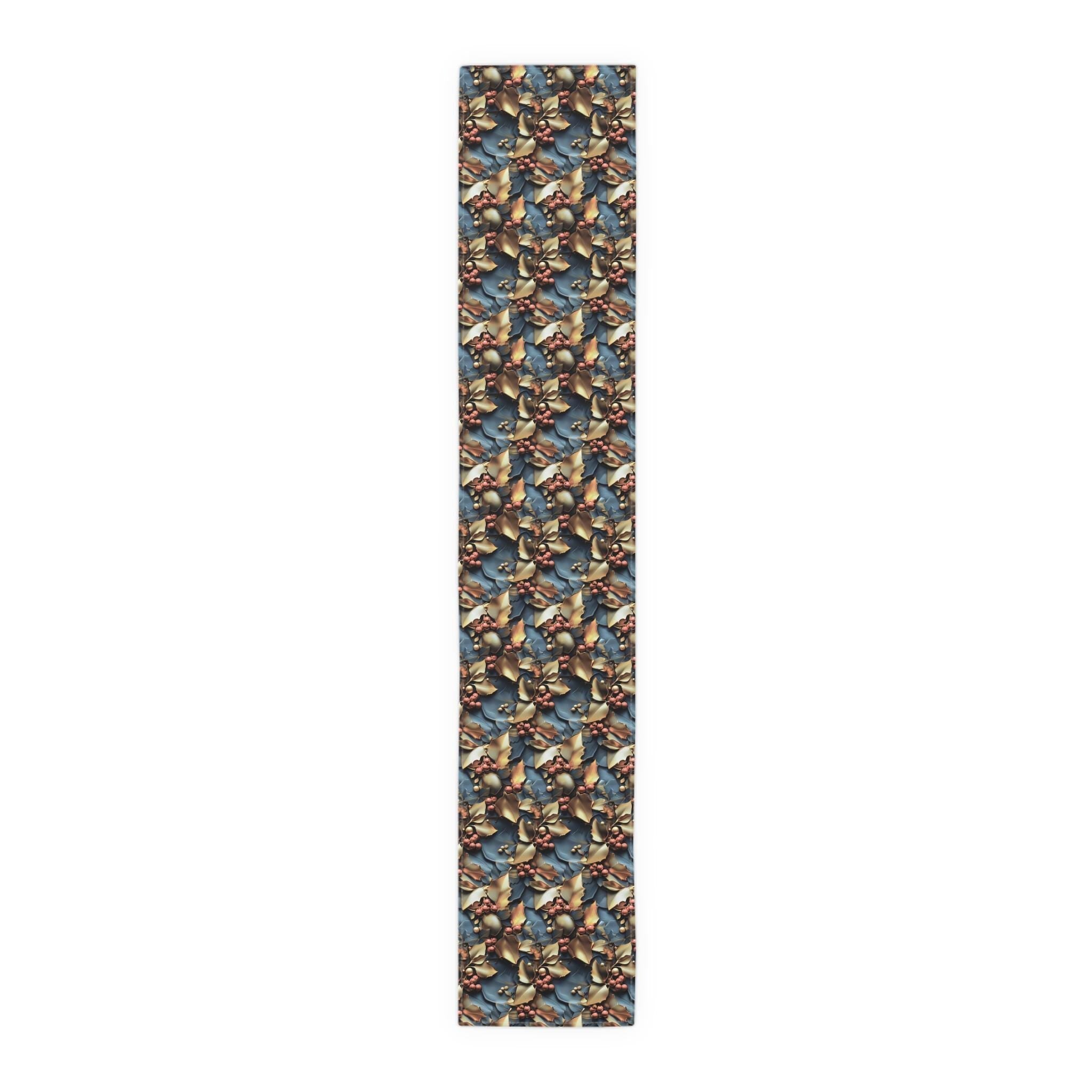Christmas Holly Table Runner, Teal Red Berry Gold Leaf Design