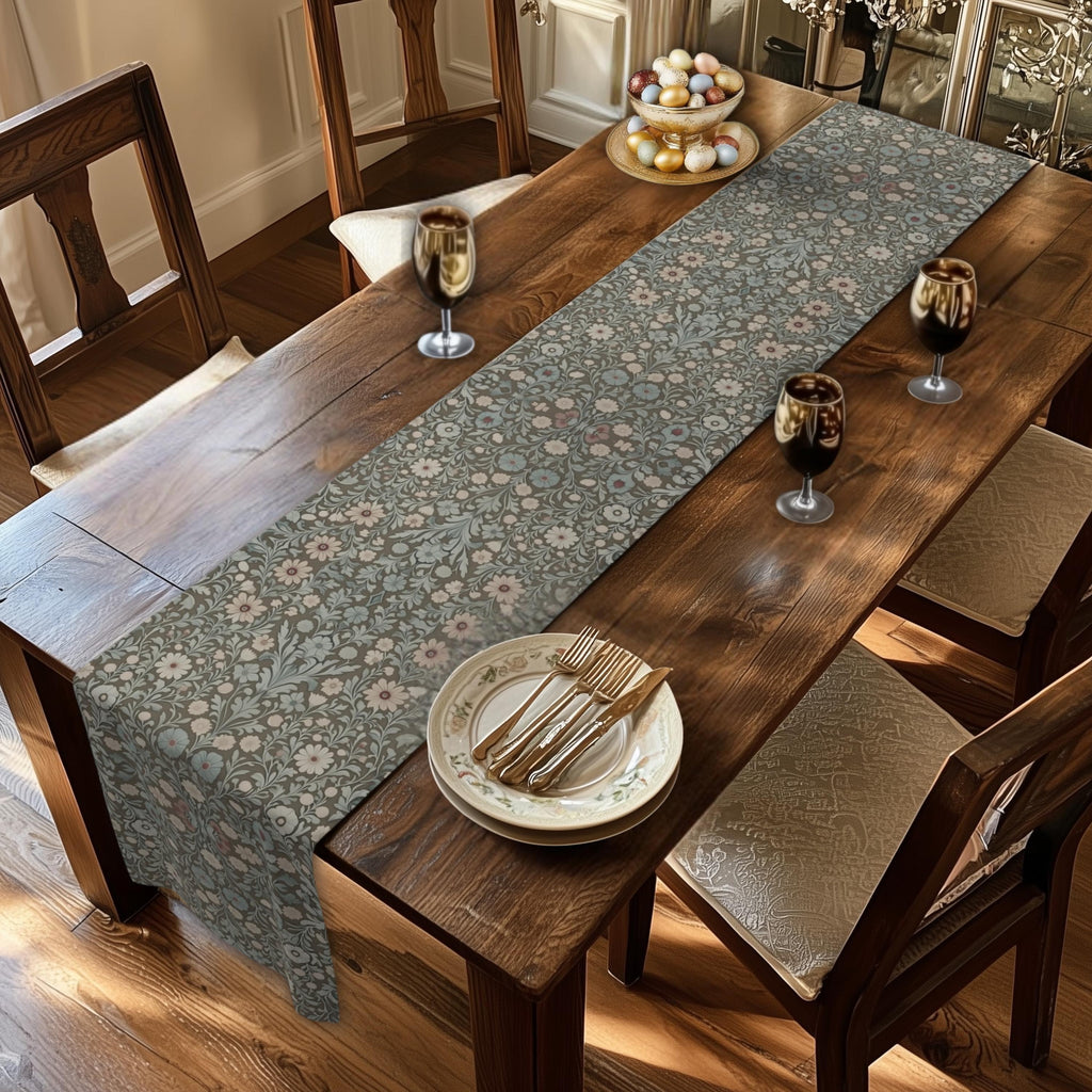 William Morris Table Runner: Soft Sage, Taupe, Blush Botanical Print
