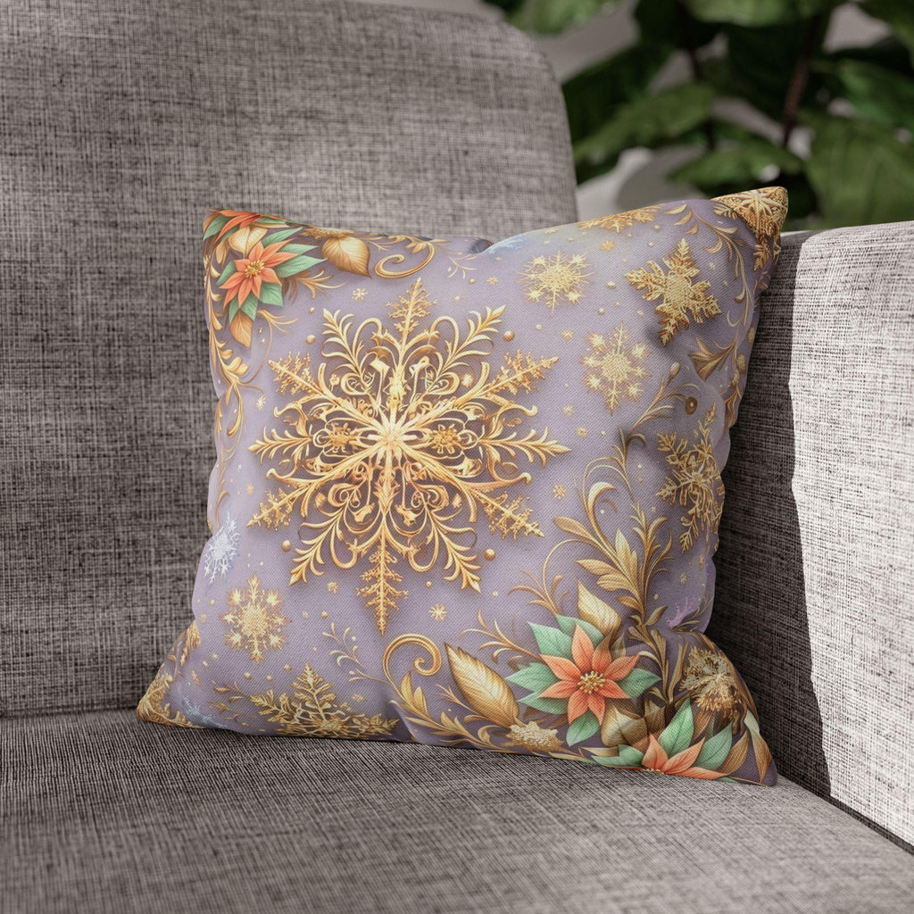 Pastel Christmas Pillow Cover: Gold Snowflake, Lilac Winter Decor, Frosted Poinsettia, Shabby Chic