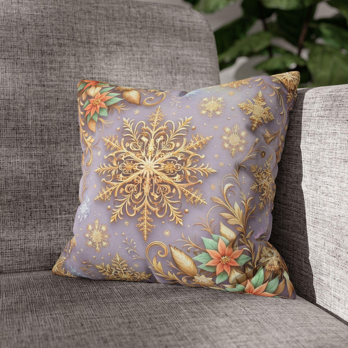 Pastel Christmas Pillow Cover: Gold Snowflake, Lilac Winter Decor, Frosted Poinsettia, Shabby Chic