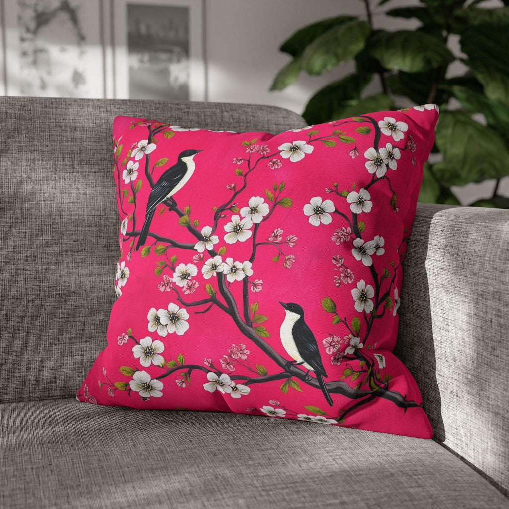Chinoiserie Magenta Bird Pillow Cover: Vibrant Botanical Accent for Eclectic Decor