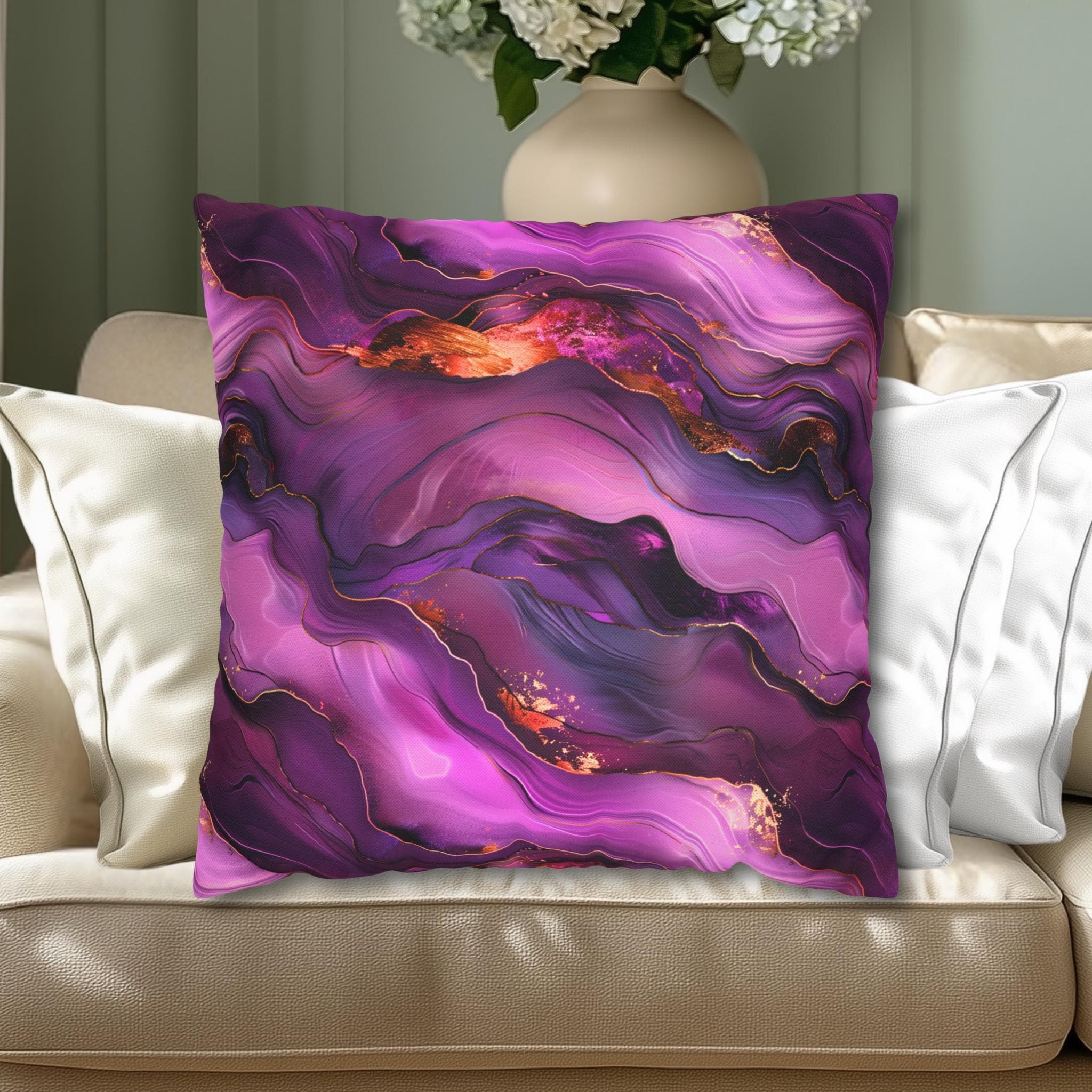 Abstract Plum Pillow Cover: Waves of Amethyst with Copper Fire Colored Accents