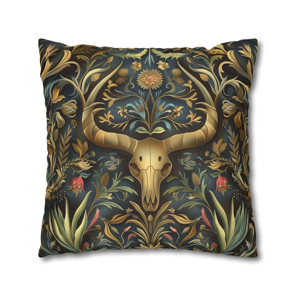 Southwest Floral Skull Pillow: William Morris Inspired Western Decor, Botanical Horned Cushion Cover