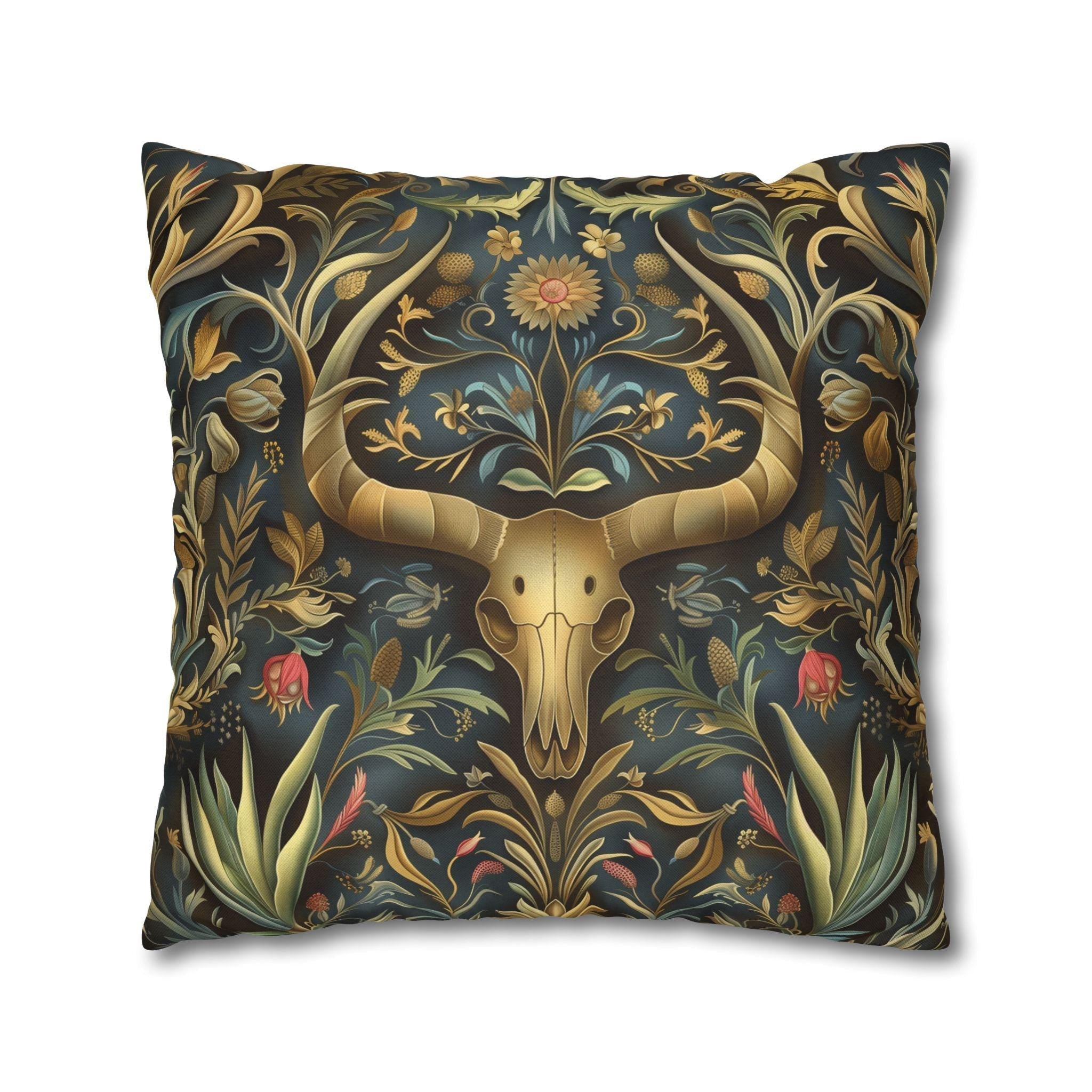 Southwest Floral Skull Pillow: William Morris Inspired Western Decor, Botanical Horned Cushion Cover